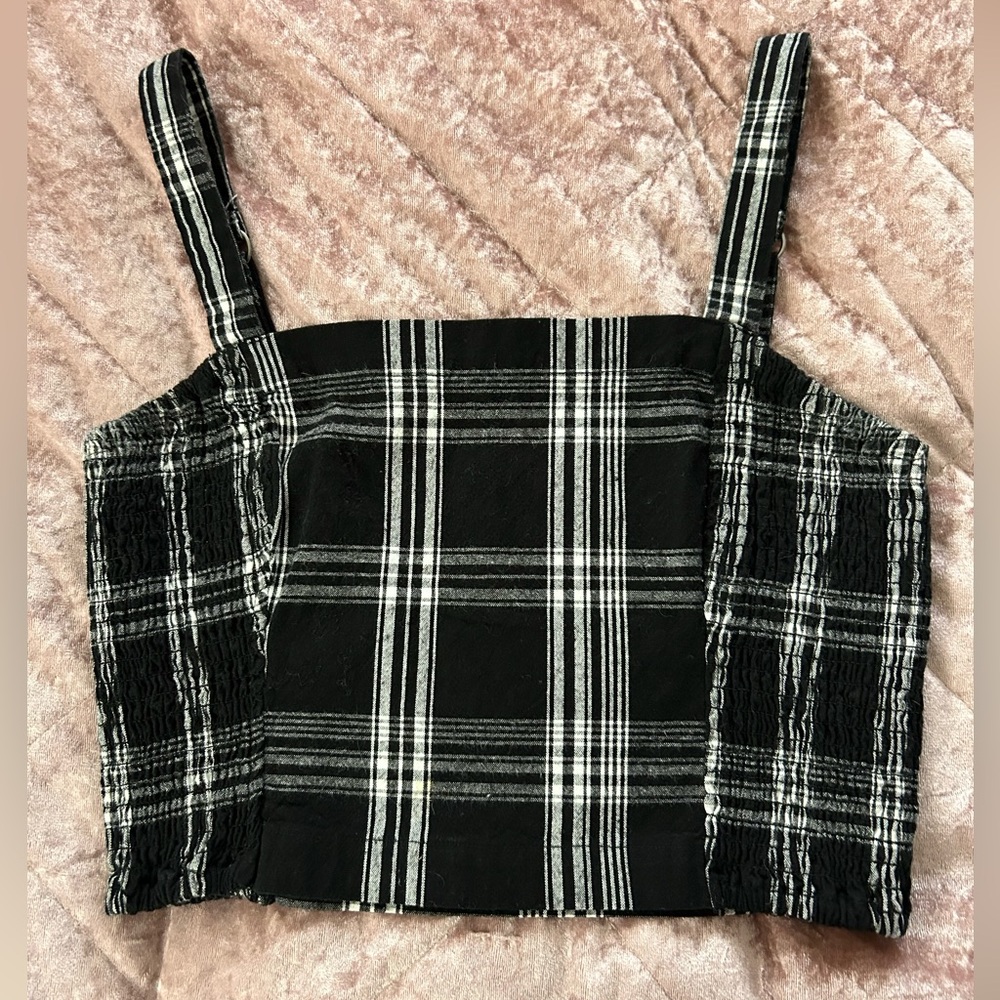 Hollister-  black/white checkered bandeau style with straps.